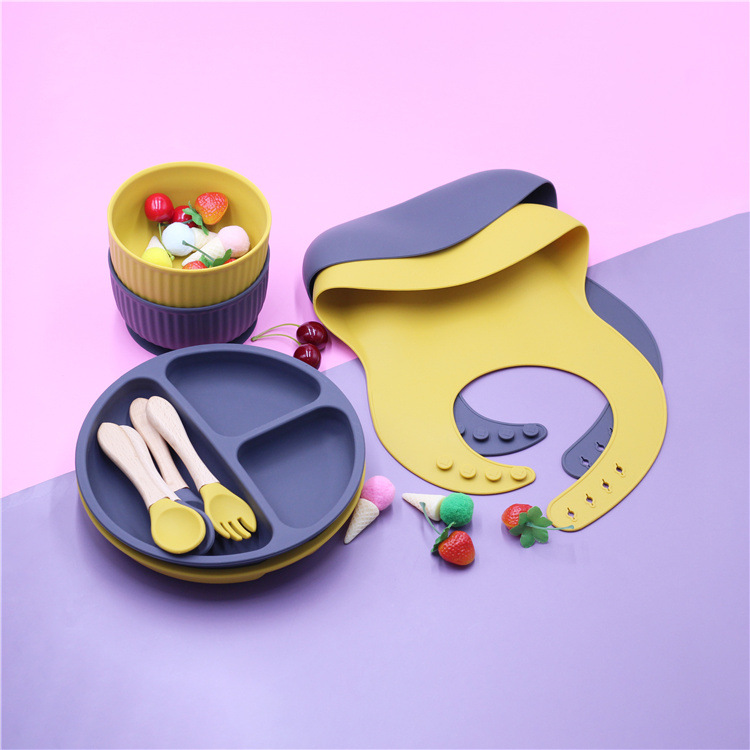Silicone Baby Tableware Set with Bib, Dinner Plate, Stripled Bowl, Fork and Spoon