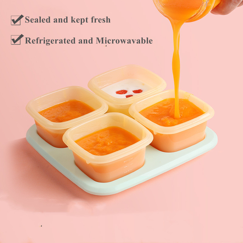 4 PCS or 6 PCS  Three Capacities Small Food Grade Silicone Food Container with Lids and Tray for Freezer or Microwaver